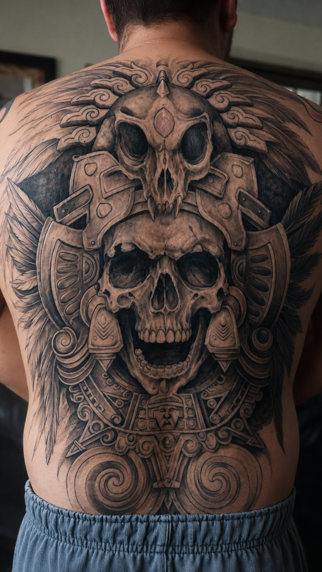 Aztec double skull back piece with feathered headdress in black and grey