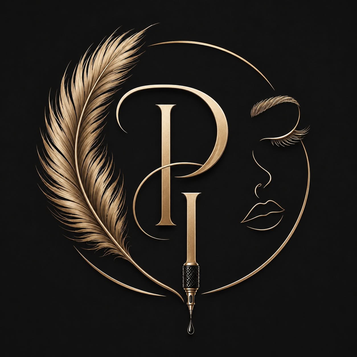 The Plumas & Ink feather, face and tattoo-machine logo