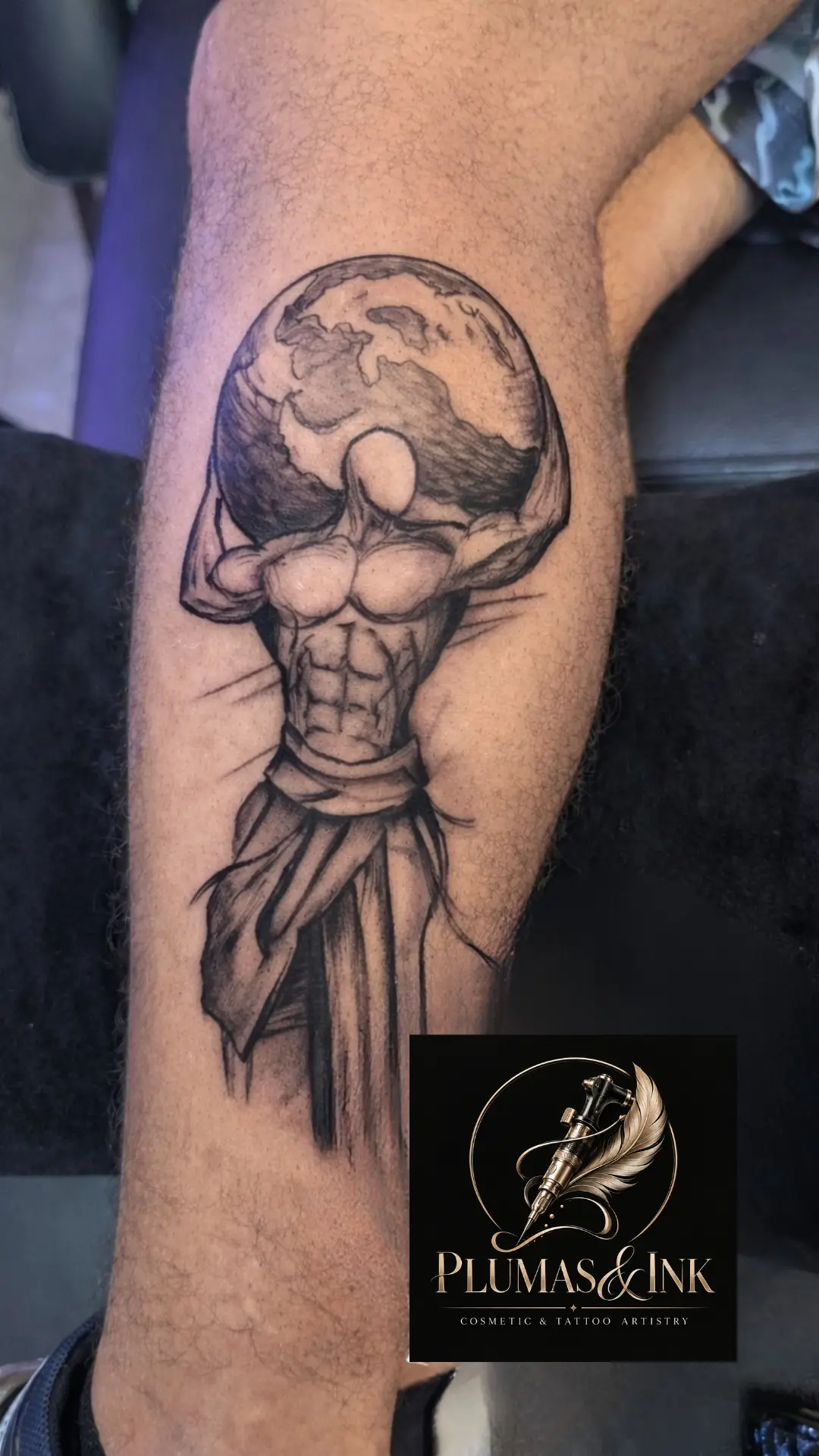 Black and grey realism tattoo of Atlas carrying the world on forearm